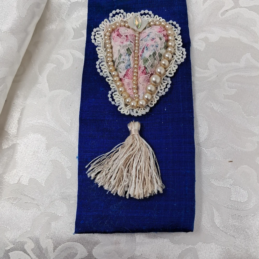 OOAK Handmade Textile Heart Flat Art Lace Pearls Silk